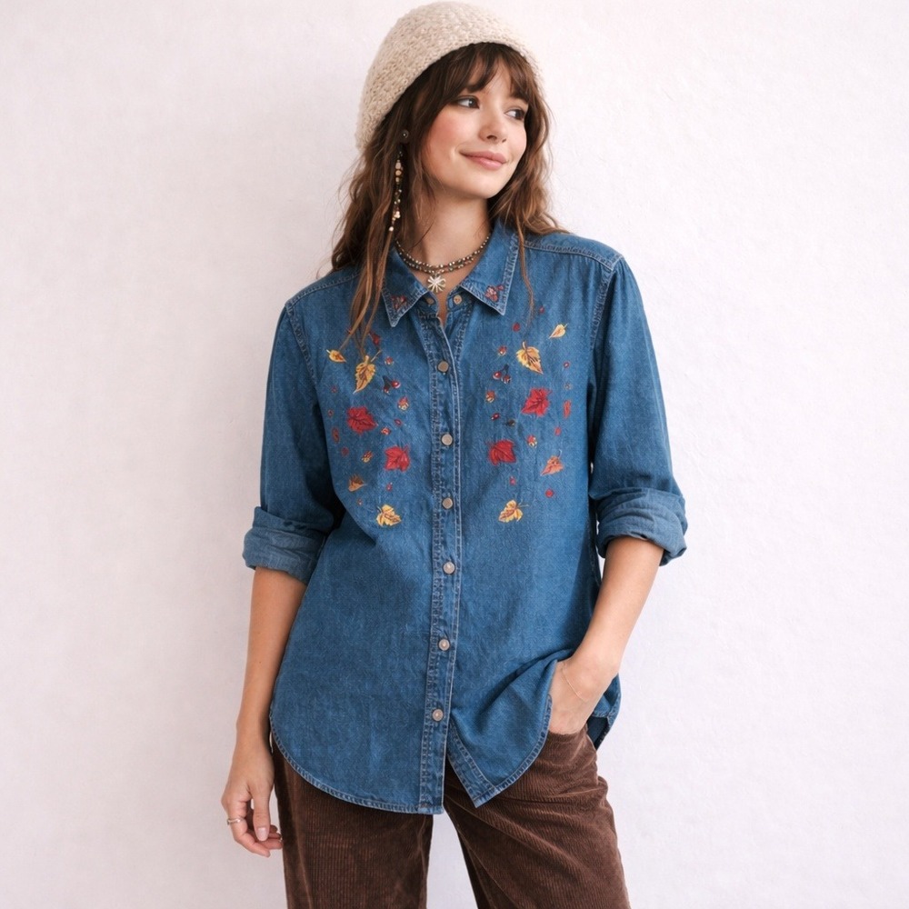 Vintage Denim Shirt 14 /‎ 16 Embroidered Falling Leaves Cotton Button Up Preppy